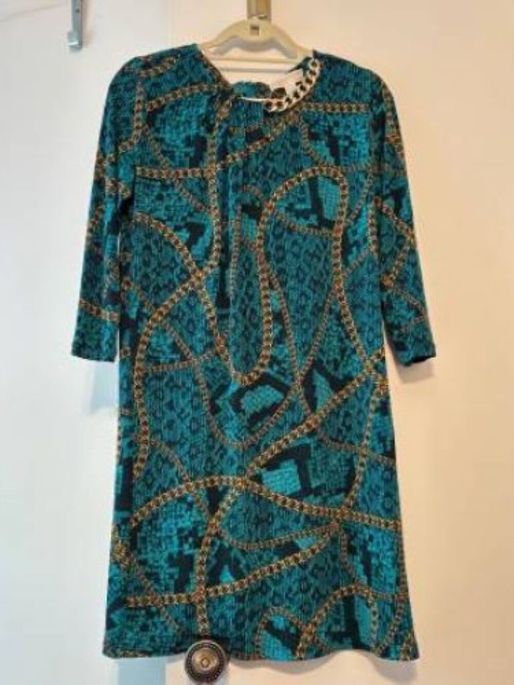 NWT Michael Kors Green w/Gold Chain Logo Equestrian Print Dress Size Medium